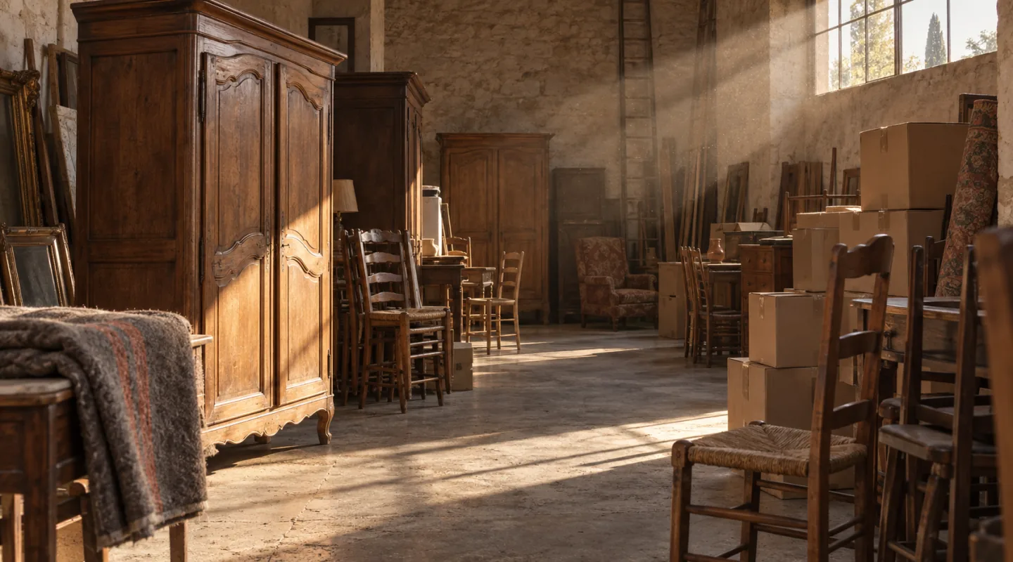 Intérieur d'un dépôt-vente de meubles anciens en fin de journée : armoires, chaises empilées et cartons dans la lumière rasante
