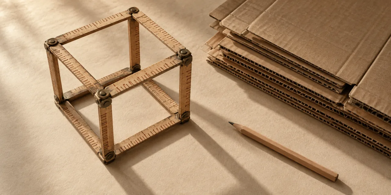 Cube formé d'un mètre pliant en bois, posé près d'une pile de cartons aplatis et d'un crayon