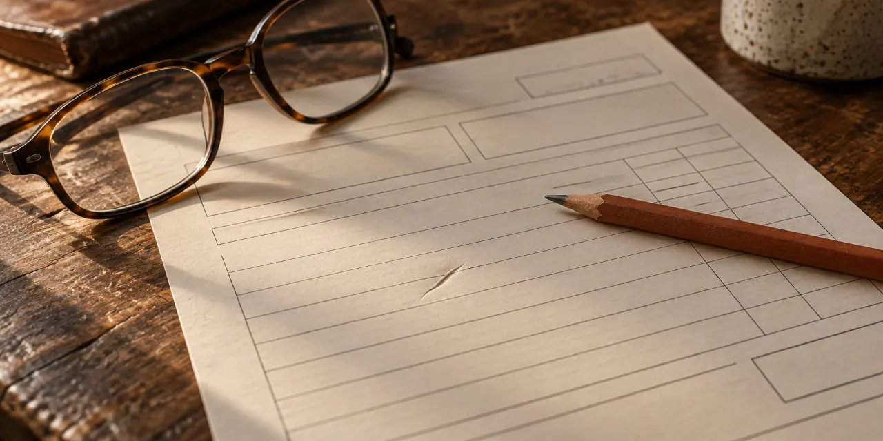 Formulaire vierge à colonnes posé sur une table en bois, avec une paire de lunettes et un crayon