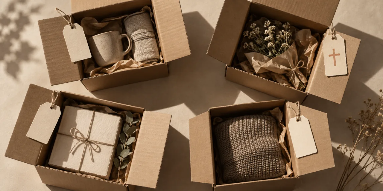 Quatre cartons ouverts vus de dessus, chacun portant une étiquette en papier, l'une marquée d'une croix
