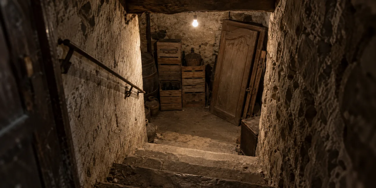 Escalier de cave en pierre éclairé par une ampoule nue, caisses en bois et panneau d'armoire entreposés en bas