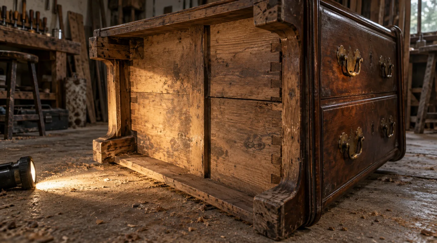 Commode ancienne basculée sur le côté, bâti et assemblages éclairés par une lampe torche posée au sol