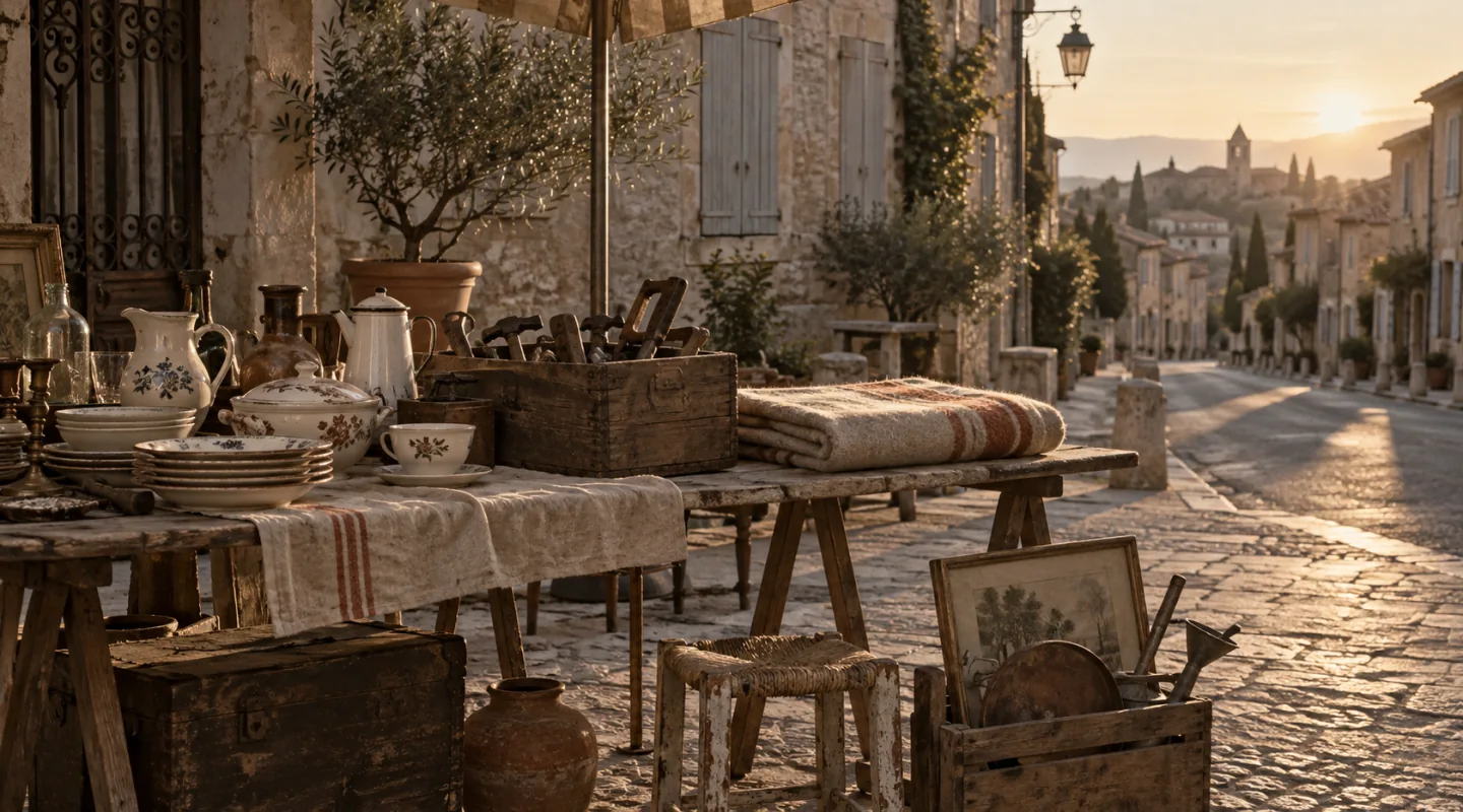 Étal de brocante dressé sur des tréteaux dans une rue de village pavée, vaisselle dépareillée et caisse d'outils, au lever du jour