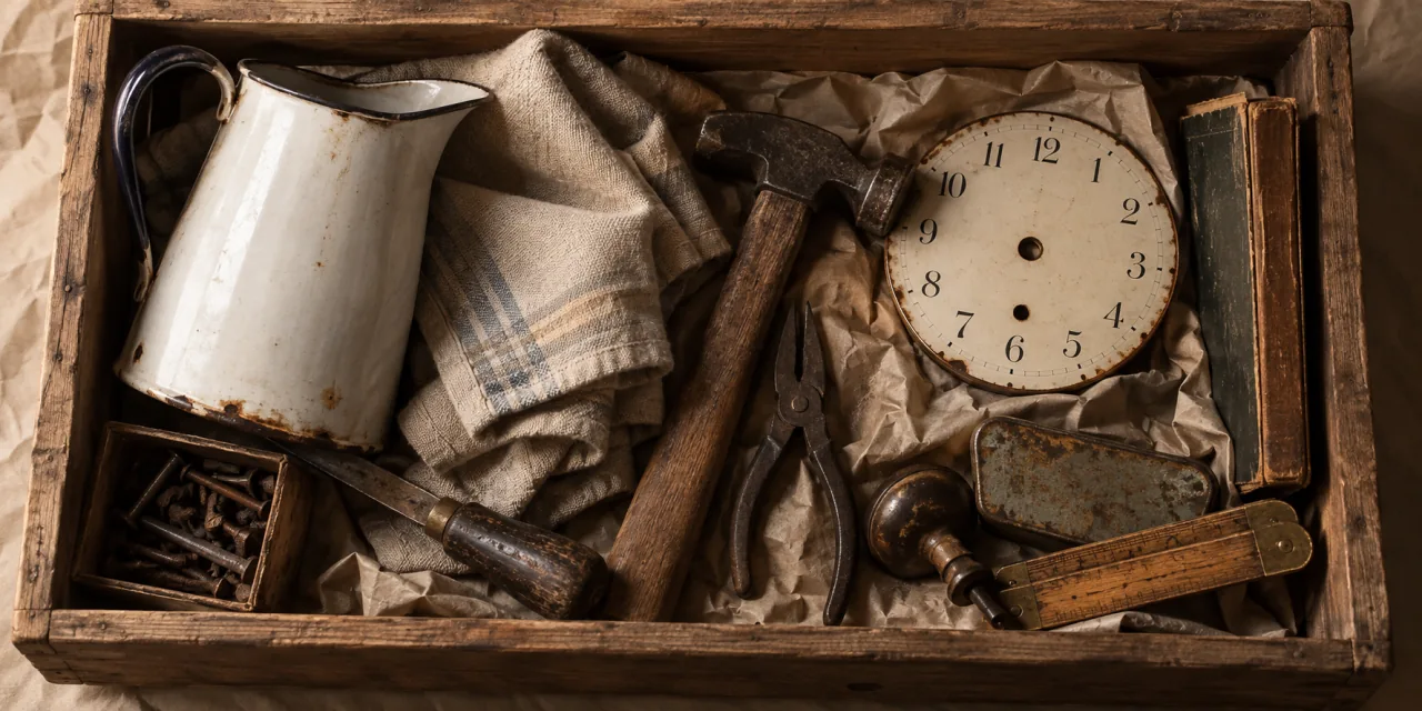 Caisse en bois vue de dessus, garnie d'un pot à lait émaillé, d'outils anciens, d'un cadran d'horloge et de linge plié