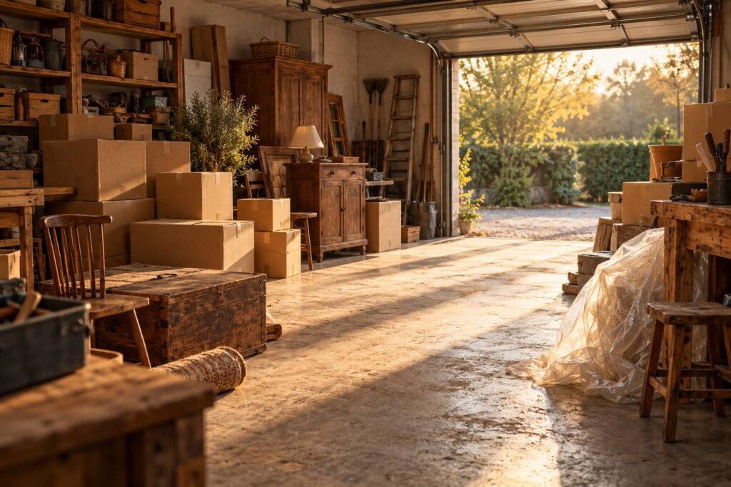 Garage encombre de cartons et de meubles avant travaux