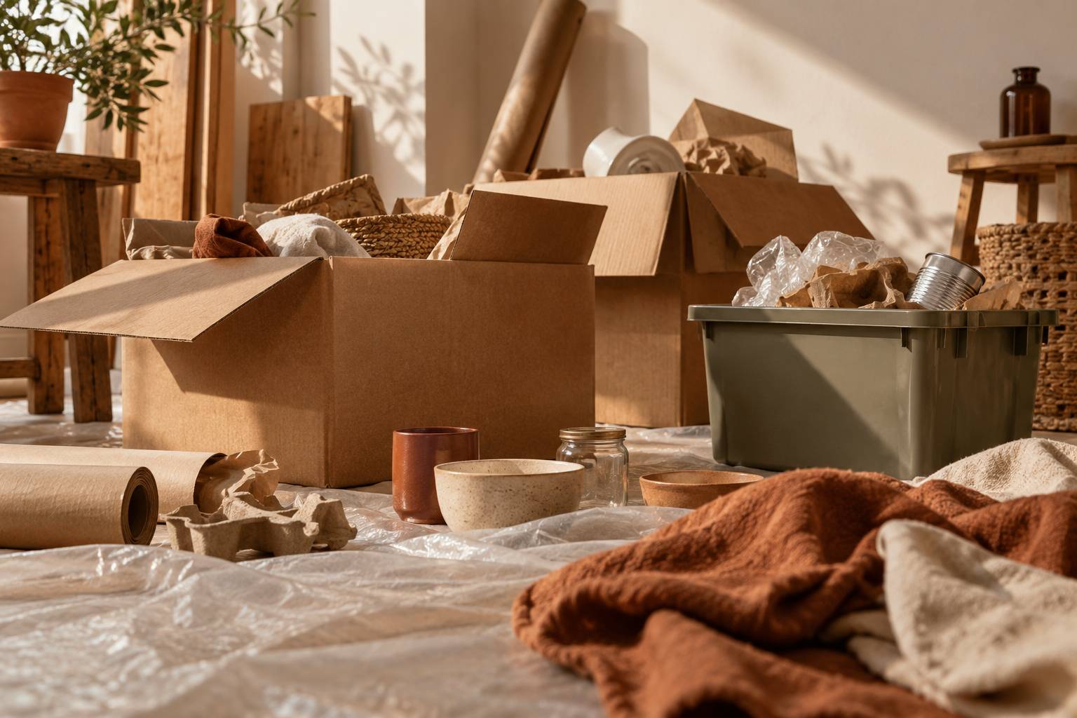 Cartons ouverts et objets a trier sur une bache