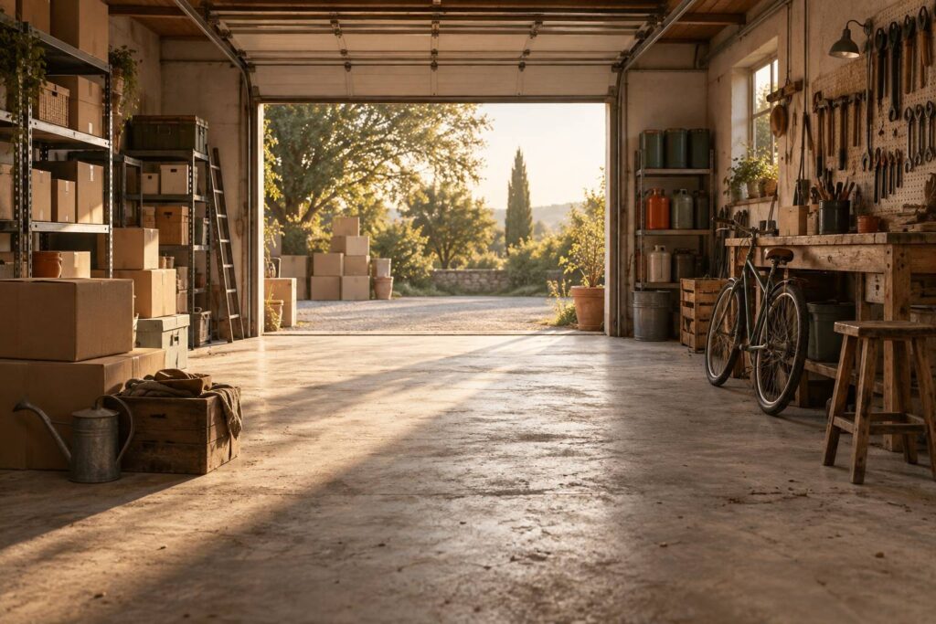 Garage encombre avec cartons, outils et velo contre l'etabli
