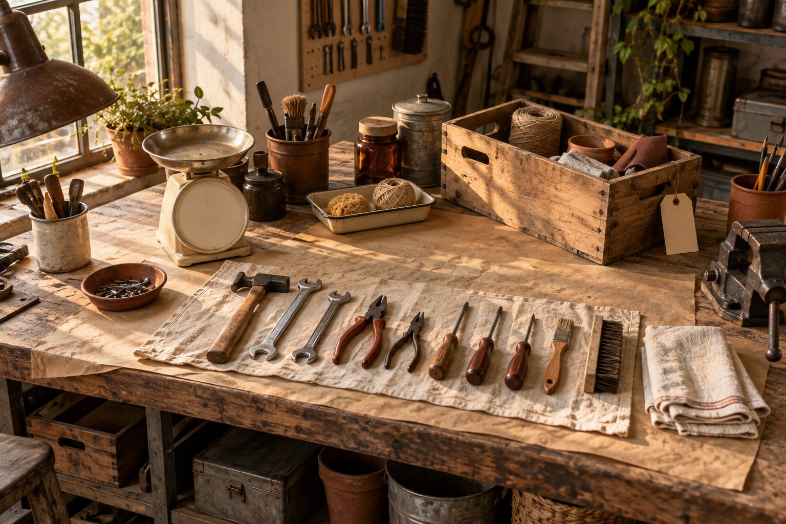 Outils nettoyes et etiquettes vierges alignes sur un etabli