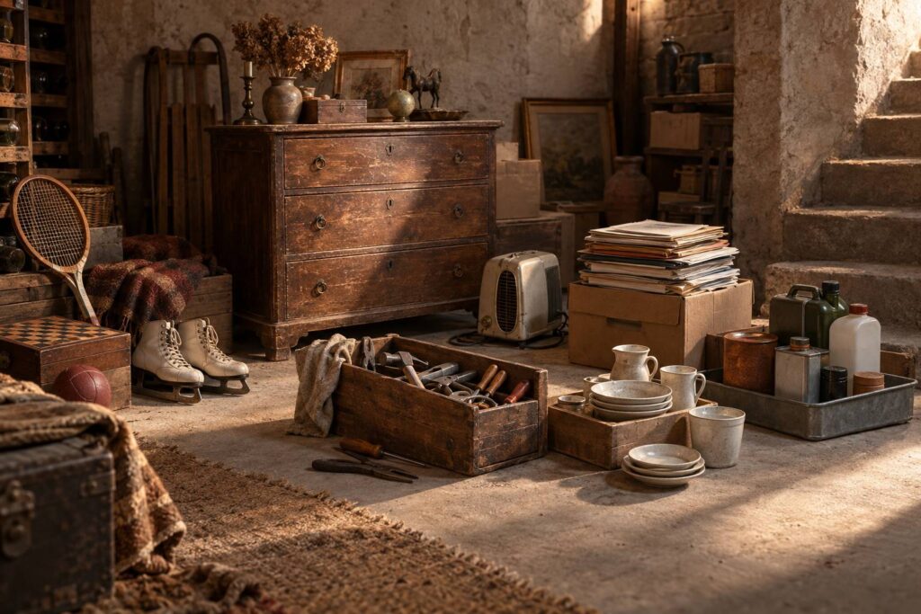 Illustration éditoriale du sujet : Objets oubliés en cave : les huit catégories les plus fréquentes