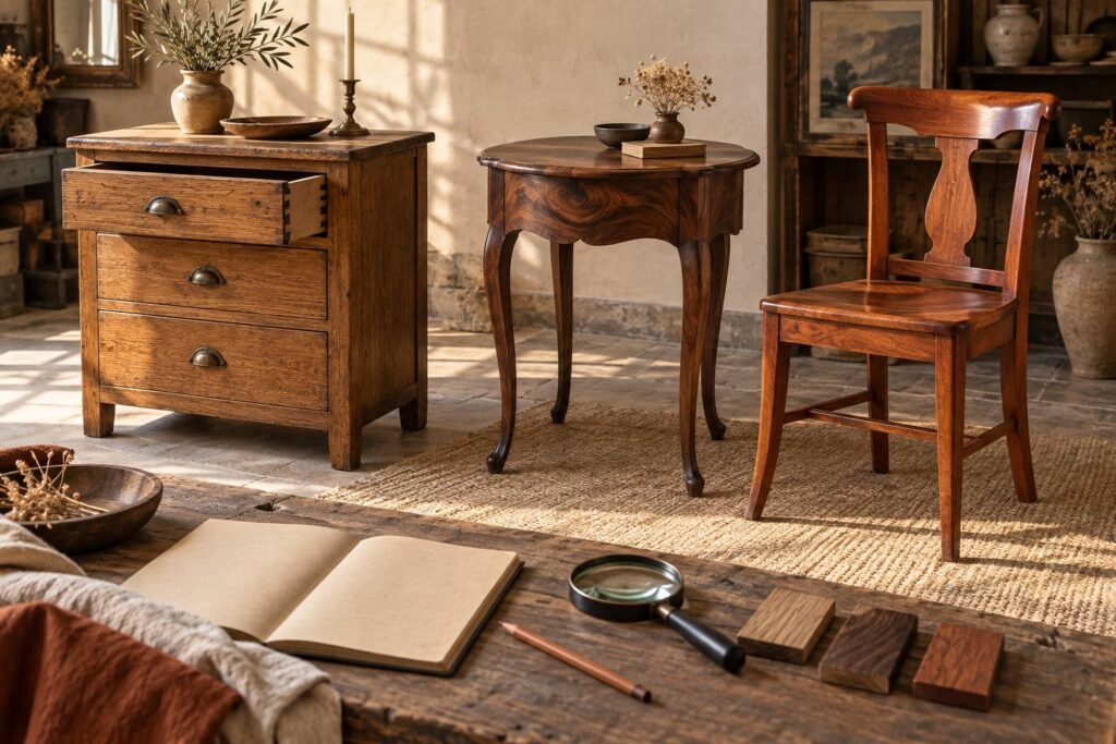 Illustration éditoriale du sujet : Reconnaître un style de meuble : chêne, noyer, merisier
