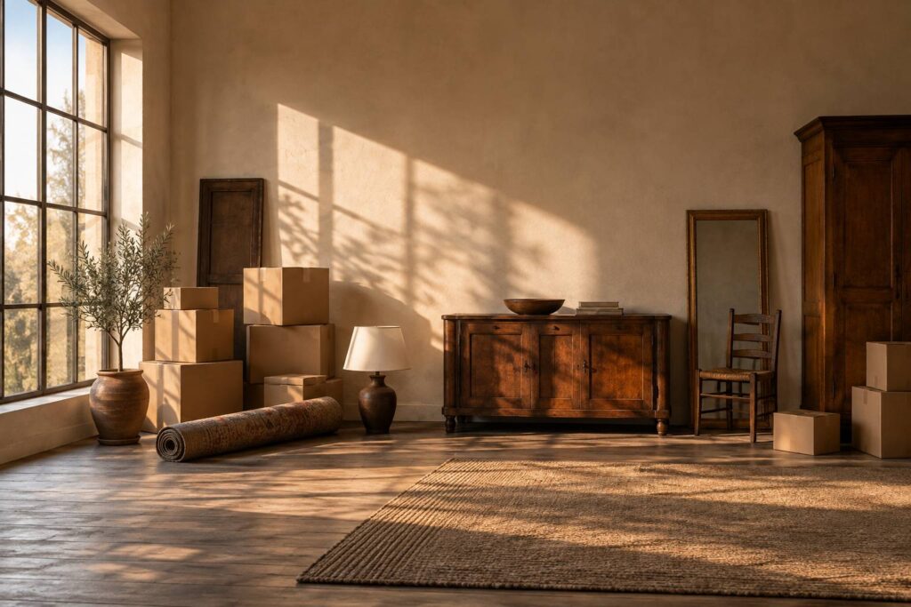 Interieur en debarras avec cartons empiles et meubles anciens