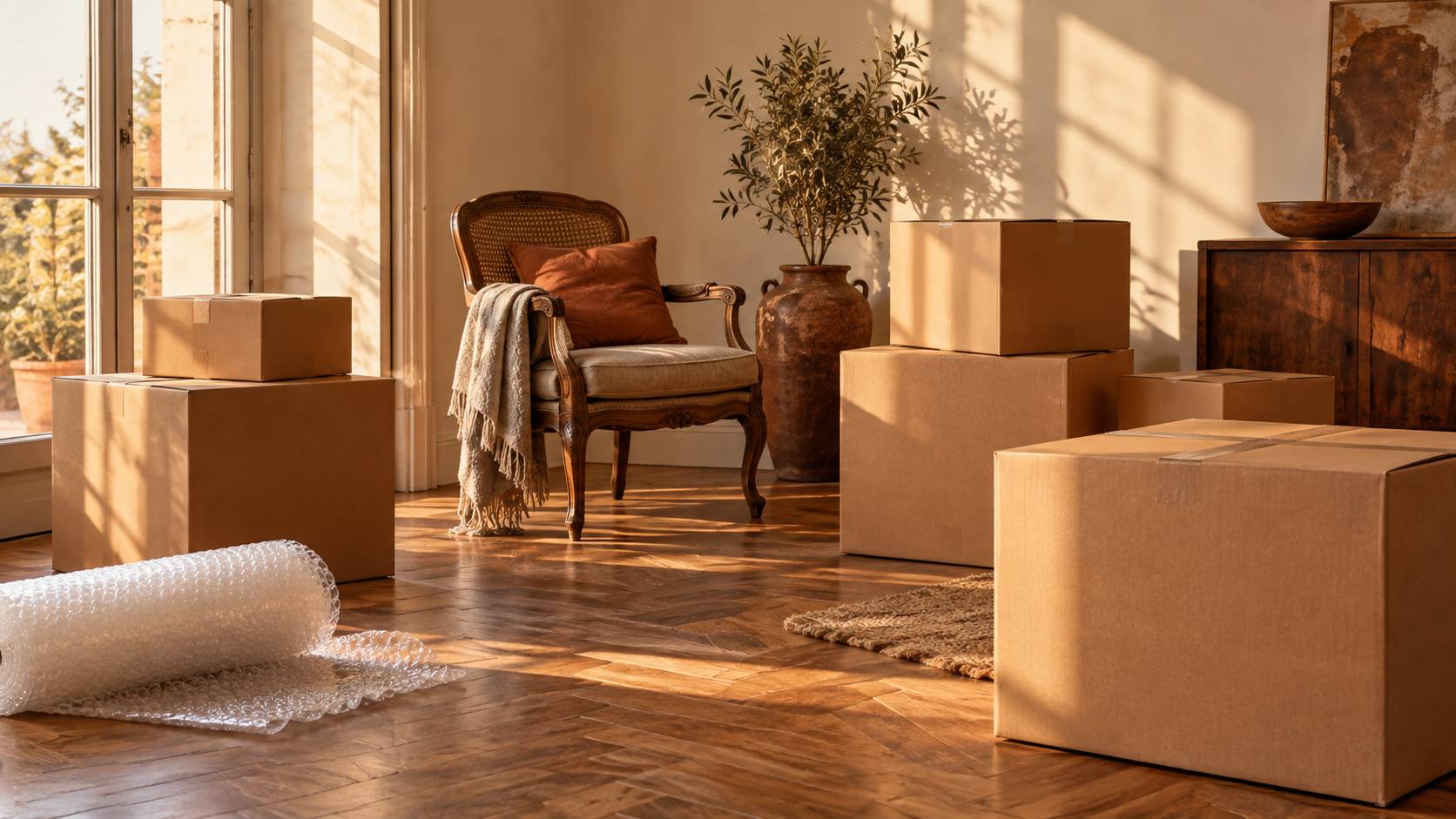 Cartons en kraft et fauteuil ancien sur un parquet dans la lumiere rasante