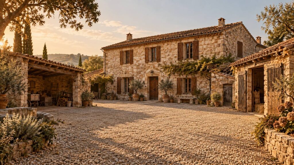 Ferme en pierre ancienne avec ses dependances et sa cour en gravier