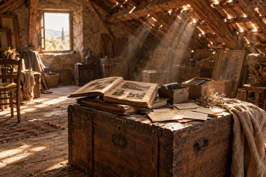 Albums photos anciens ouverts sur une malle dans un grenier poussiereux et lumineux