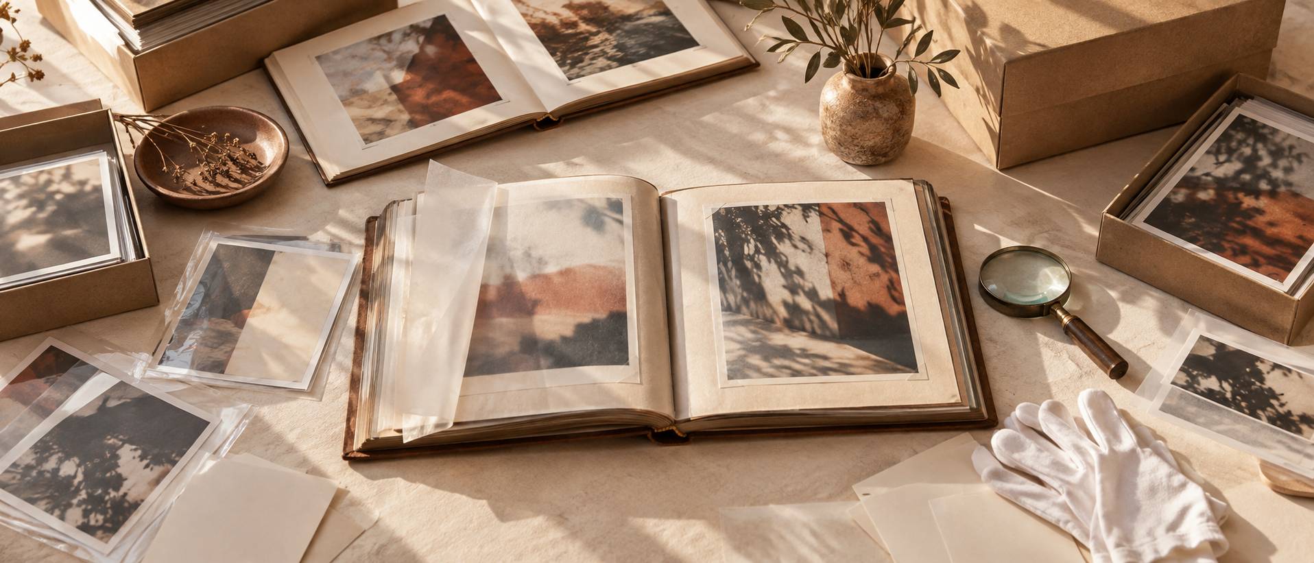 Table de tri avec albums photos, pochettes et gants d'archivage