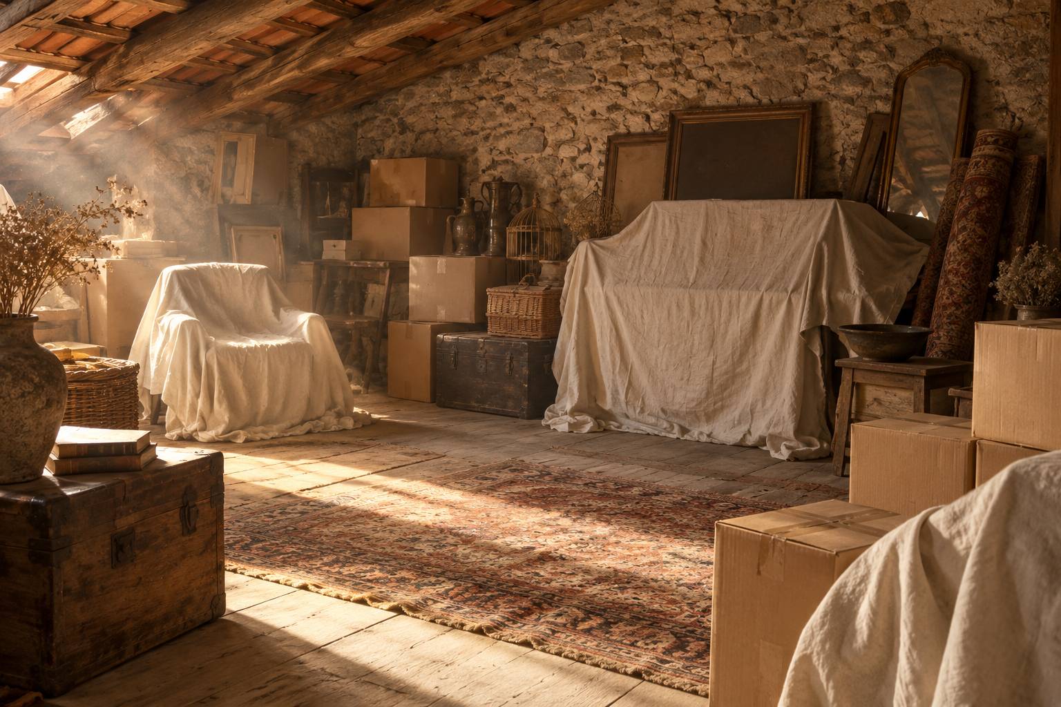 Grenier encombre de cartons et meubles anciens contre un mur de pierre