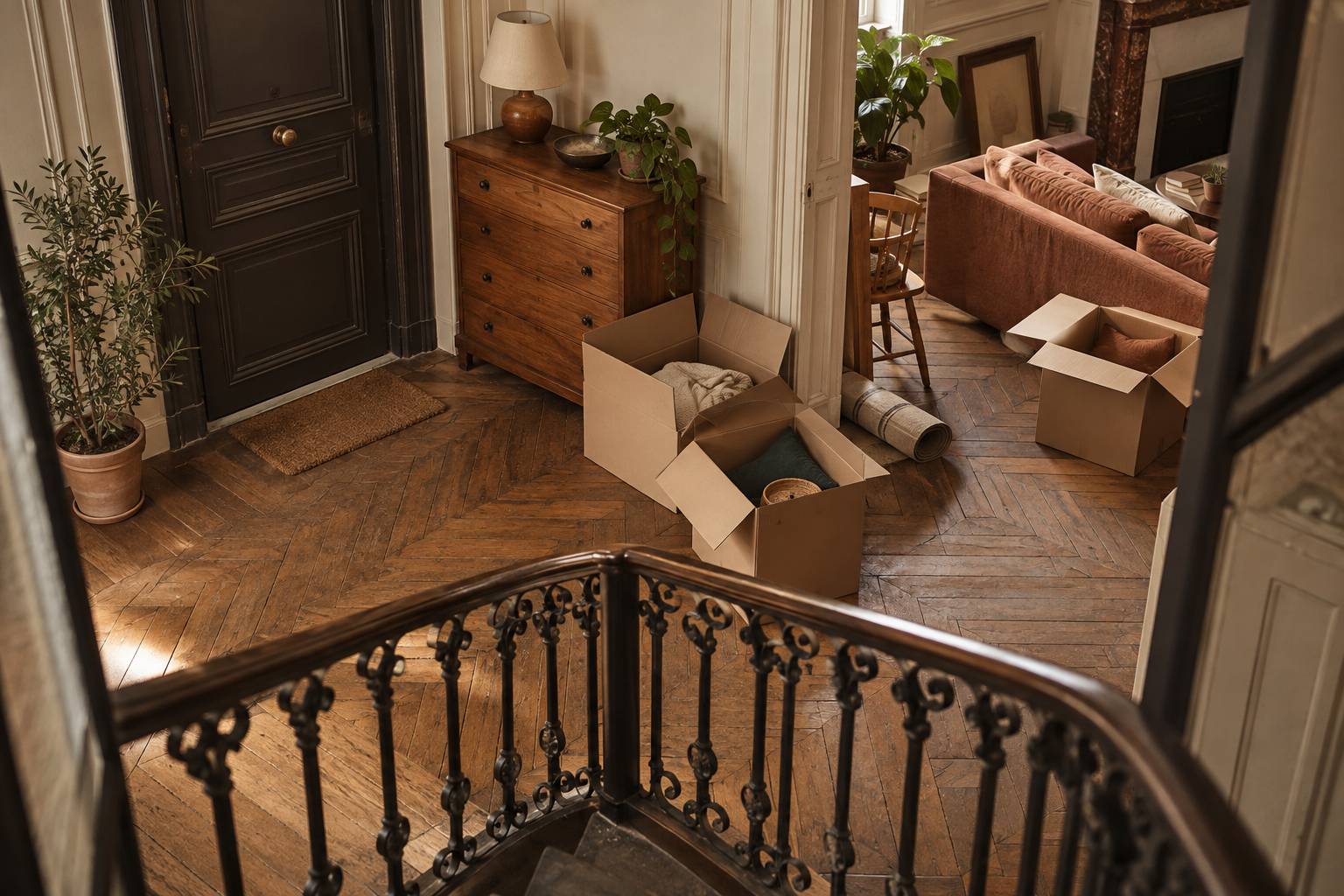 Appartement en cours de vidage avec cartons et meubles déplacés