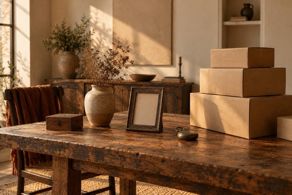 Table en bois avec objets anciens neutres et boites en carton