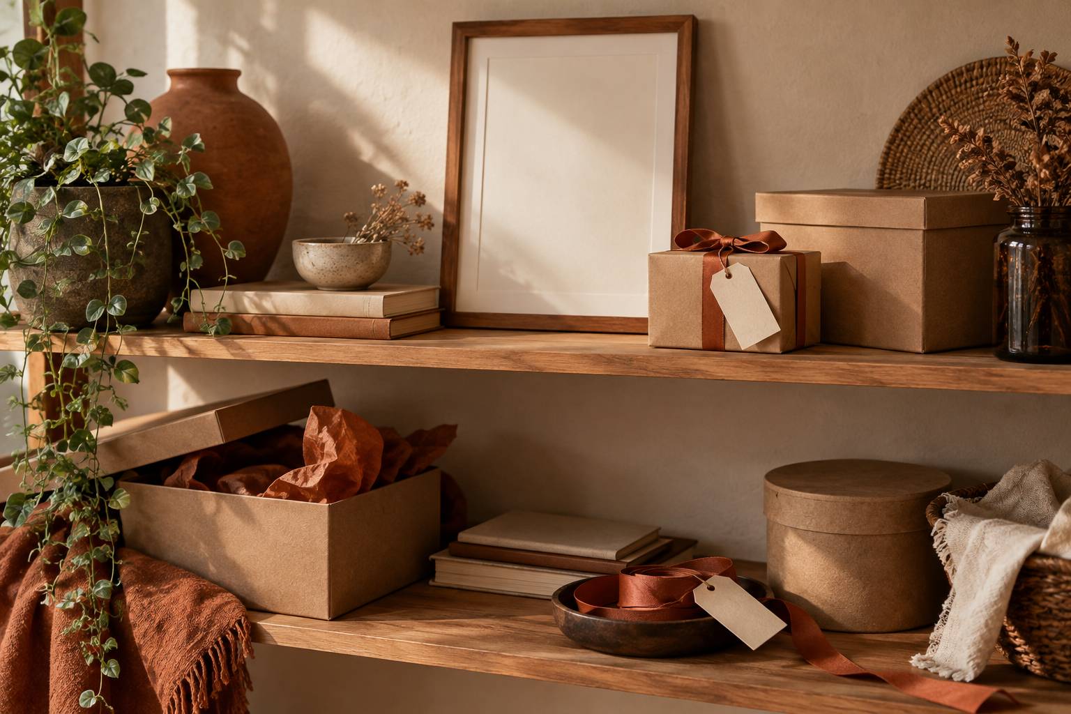 Etagere avec boites souvenirs, papier de soie et cadre photo vierge